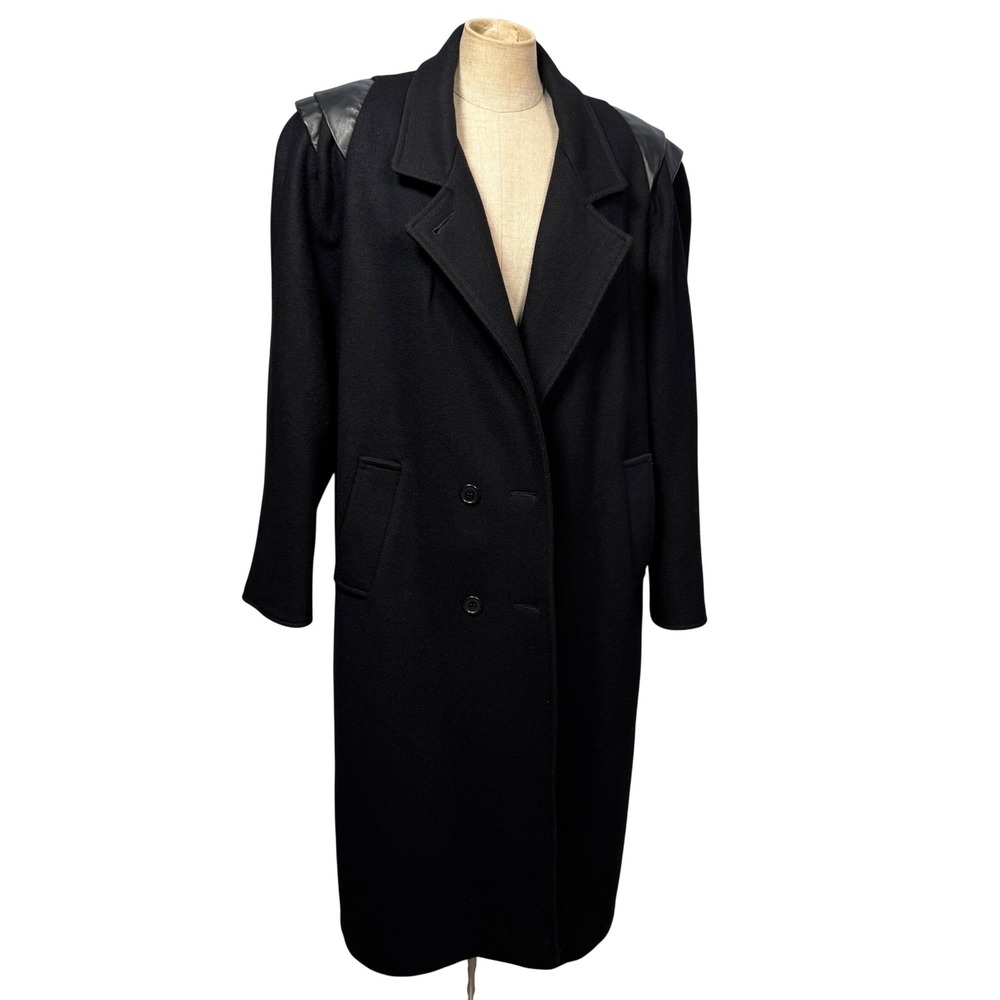 VTG Michelle Francois Black‎ Wool Blazer Coat L Double Breasted Leather Shoulder
